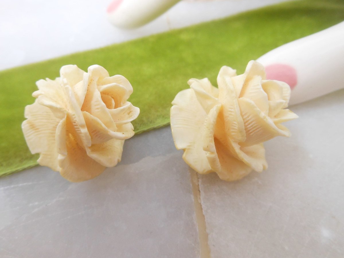 Vintage Carved Rose Earrings Artisan Handcraft Flower Clip On Bone Mid Century Wedding Jewelry Gift, VivianJoel.com