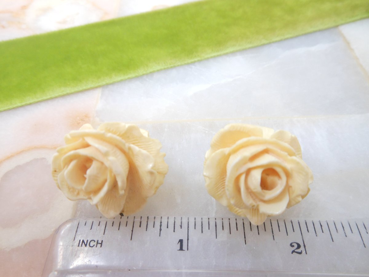 Vintage Carved Rose Earrings Artisan Handcraft Flower Clip On Bone Mid Century Wedding Jewelry Gift, VivianJoel.com