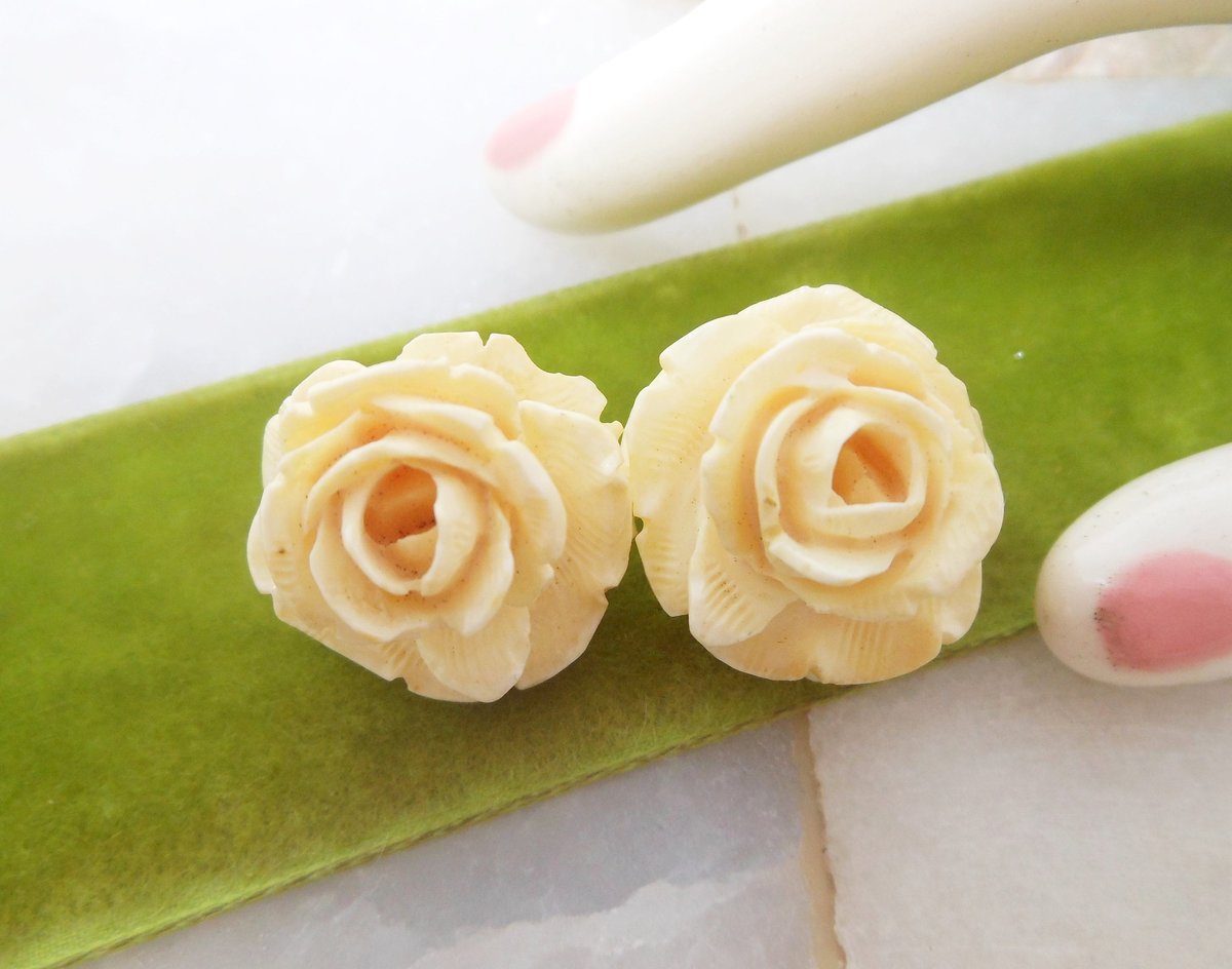 Vintage Carved Rose Earrings Artisan Handcraft Flower Clip On Bone Mid Century Wedding Jewelry Gift, VivianJoel.com
