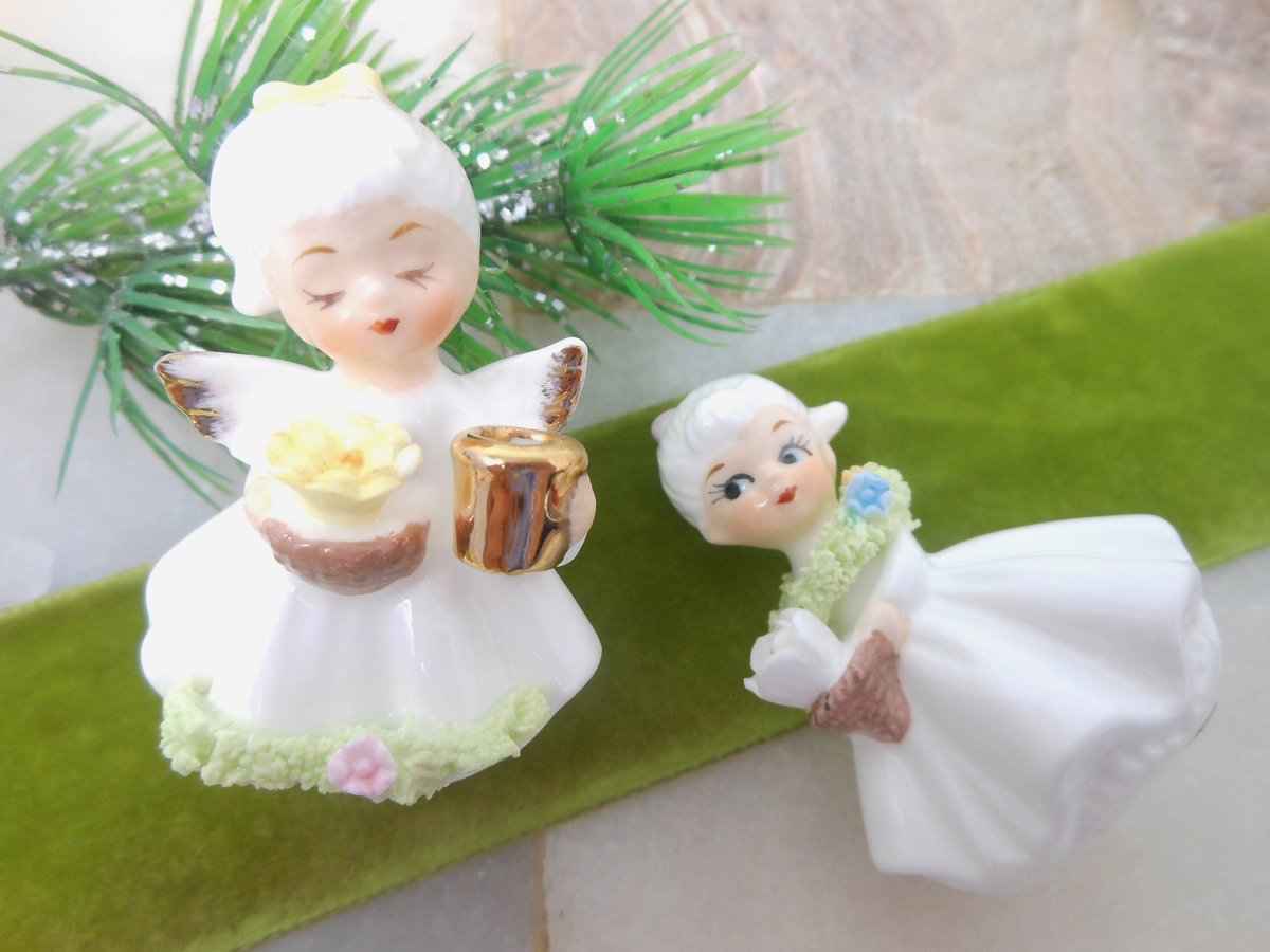 Vintage NAPCO Ware Miniature Angel Girl Spaghetti Flower Bone China Taiwan LOT 2 Gift, VivianJoel.com