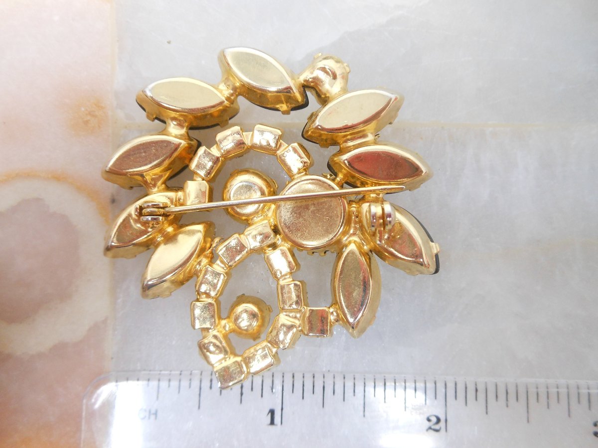 Vintage Black Brooch Flower Pinwheel Pin Cluster Rhinestone Mid Century Jewelry Gift, VivianJoel.com