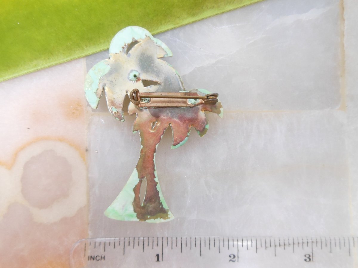 Vintage Palm Tree Pin Enamel Paint Celluloid Brooch Old Plastic Tropical Tiki Mid Century Jewelry Gift, VivianJoel.com