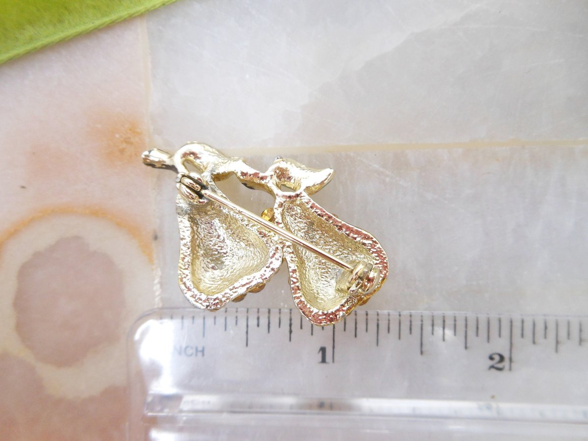 Vintage Pear Fruit Brooch Rhinestone Pin Enamel Flower Figural Tropical Rockabilly Jewelry Mid Century Gift, VivianJoel.com