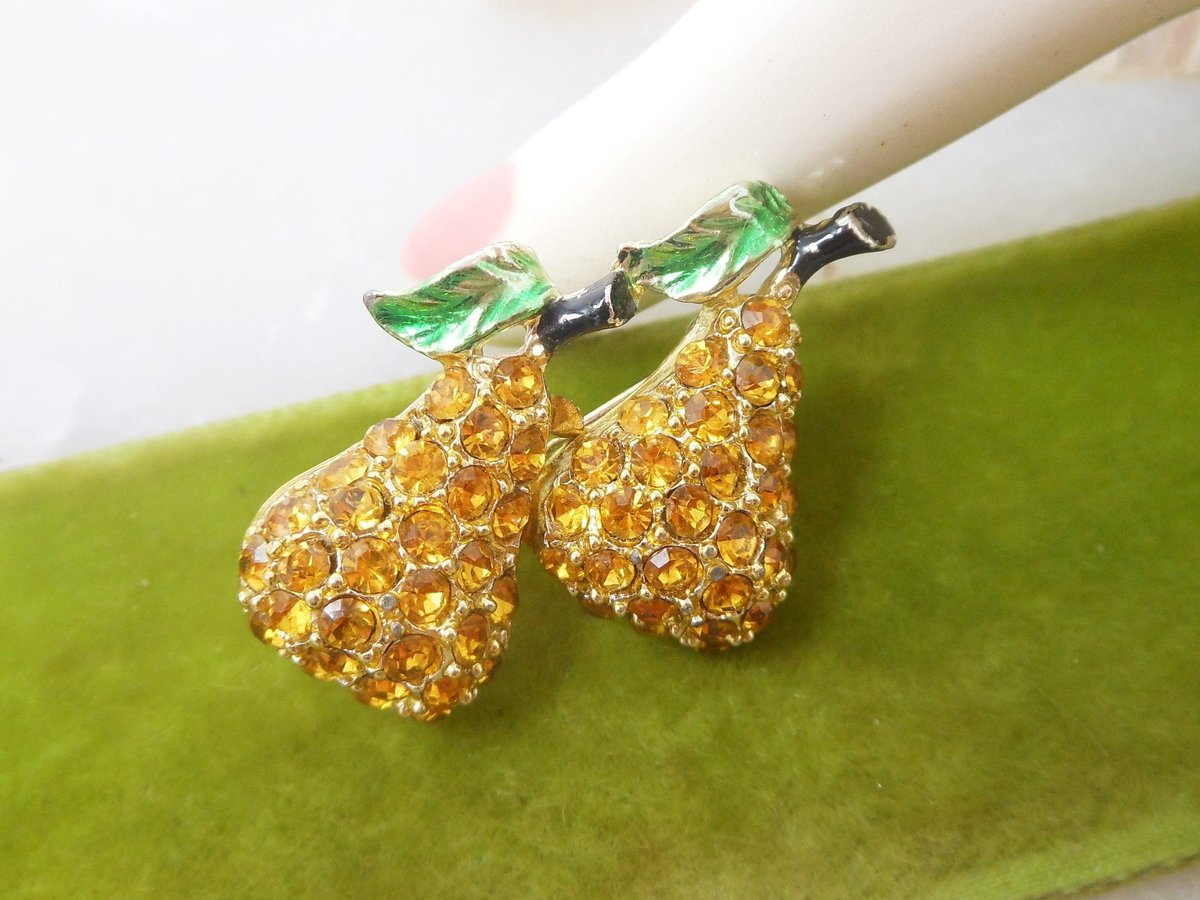 Vintage Pear Fruit Brooch Rhinestone Pin Enamel Flower Figural Tropical Rockabilly Jewelry Mid Century Gift, VivianJoel.com
