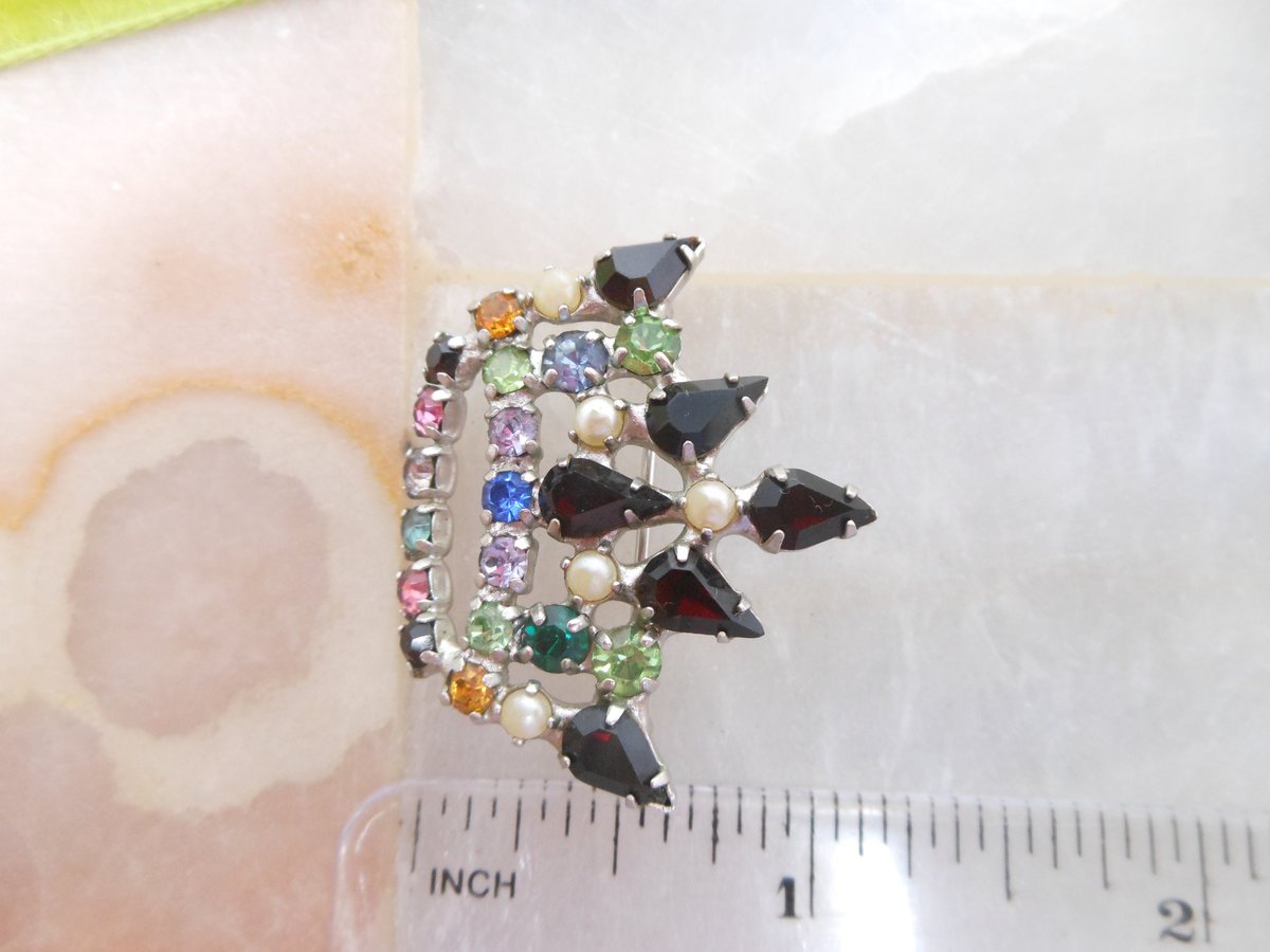 Vintage B DAVID Crown Rhinestone Pearl Pin Brooch Designer Ornate Gift Jewelry Mid Century, VivianJoel.com