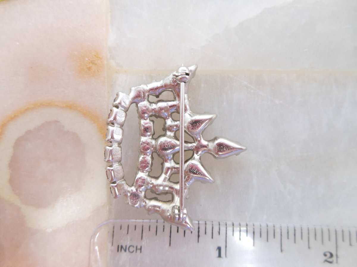 Vintage B DAVID Crown Rhinestone Pearl Pin Brooch Designer Ornate Gift Jewelry Mid Century, VivianJoel.com