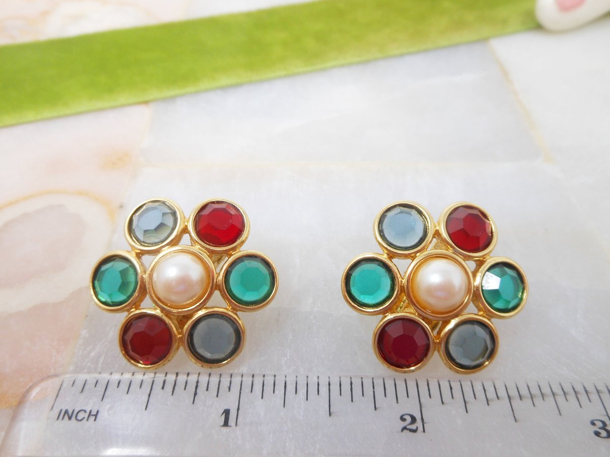 Vintage MONET Mogul Earrings Clip On Fruit Salad Crystal Pearl Designer Statement Runway Jewelry Mid Century, VivianJoel.com