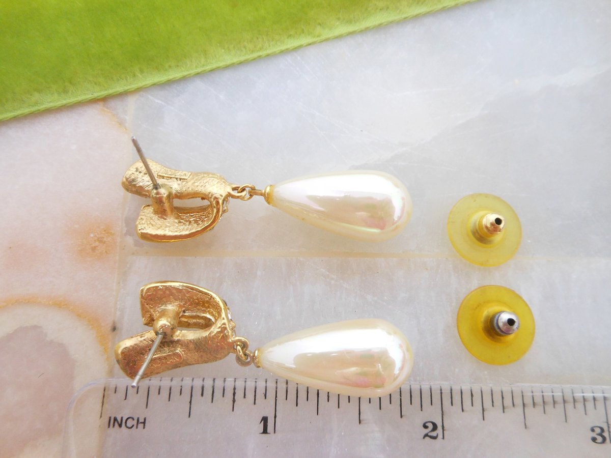 Vintage ROMAN Rhinestone Earrings Faux Pearl Dangle Drop Pierced Post Designer Wedding Jewelry Mid Century Gift, VivianJoel.com