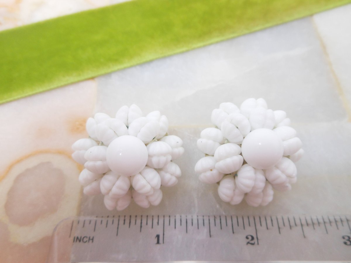 Vintage WEST GERMANY Earrings Milk Glass Domed Flower Clip On Ornate Bead Wedding Mid Century Jewelry Gift, VivianJoel.com
