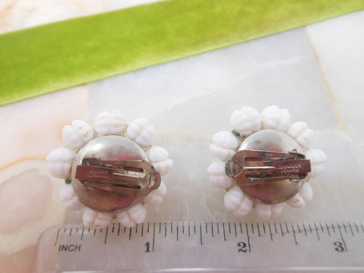 Vintage WEST GERMANY Earrings Milk Glass Domed Flower Clip On Ornate Bead Wedding Mid Century Jewelry Gift, VivianJoel.com