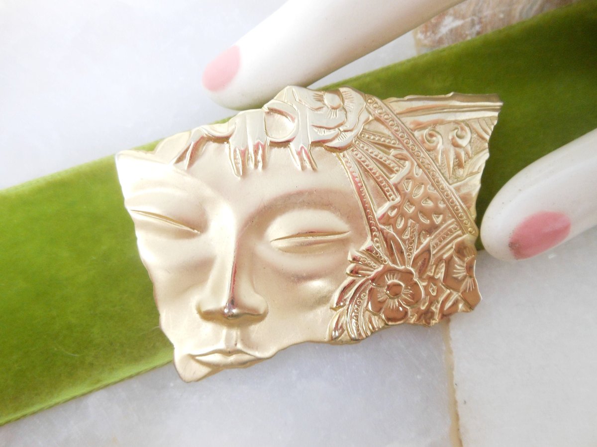 Vintage JJ Brooch Designer Goddess Face Pin Flower Art Deco Goldtone Figural Jewelry Gift, VivianJoel.com