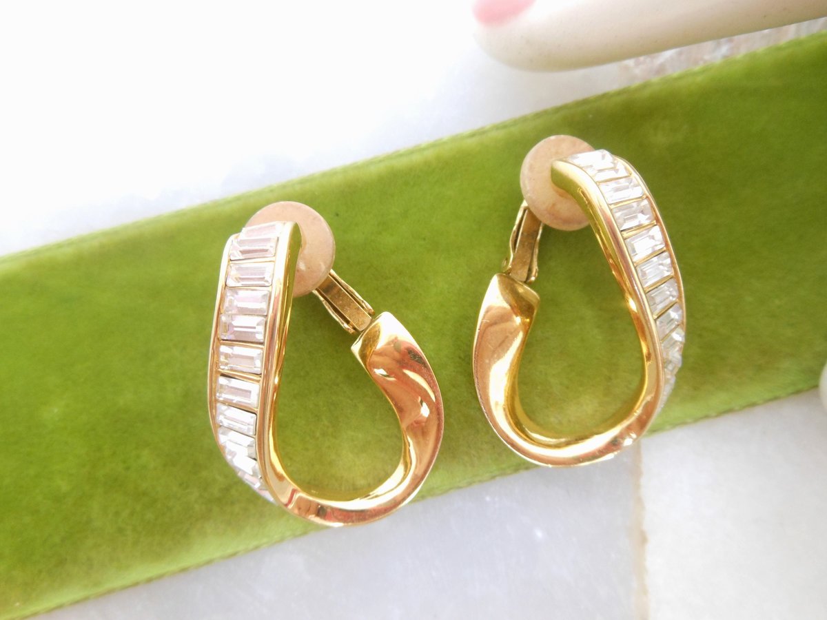 Vintage SWAROVSKI Earrings Hoop Dangle Drop Crystal Baguette Clip On Gold Plate Designer Jewelry Gift, VivianJoel.com