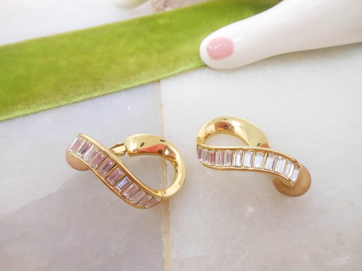 Vintage SWAROVSKI Earrings Hoop Dangle Drop Crystal Baguette Clip On Gold Plate Designer Jewelry Gift, VivianJoel.com