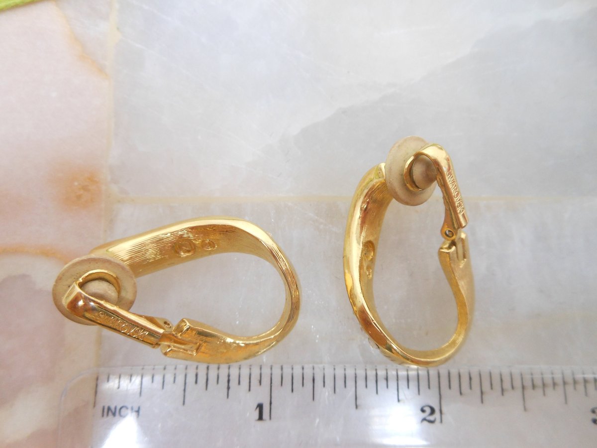 Vintage SWAROVSKI Earrings Hoop Dangle Drop Crystal Baguette Clip On Gold Plate Designer Jewelry Gift, VivianJoel.com