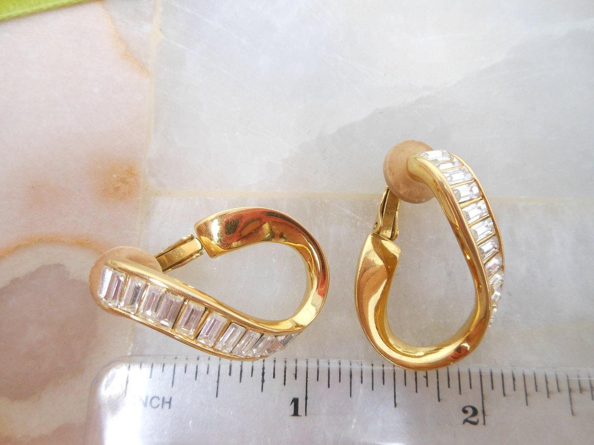 Vintage SWAROVSKI Earrings Hoop Dangle Drop Crystal Baguette Clip On Gold Plate Designer Jewelry Gift, VivianJoel.com