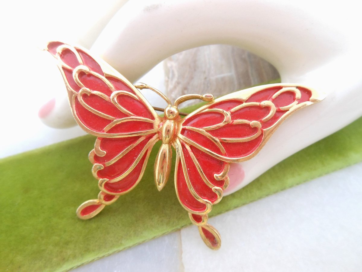 Vintage Red Butterfly Brooch Bug Pin Enamel Figural Insect Jewelry Kitsch Gift Mid Century, VivianJoel.com