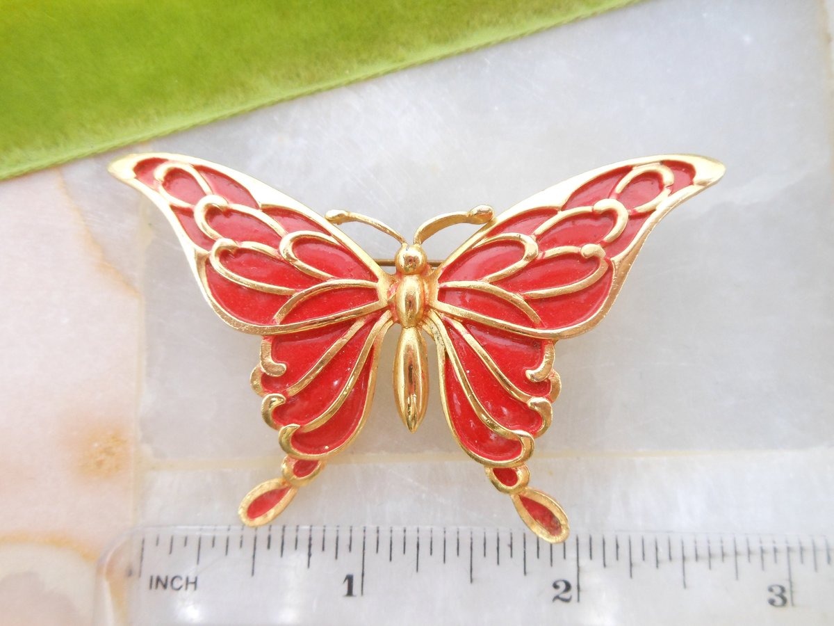 Vintage Red Butterfly Brooch Bug Pin Enamel Figural Insect Jewelry Kitsch Gift Mid Century, VivianJoel.com