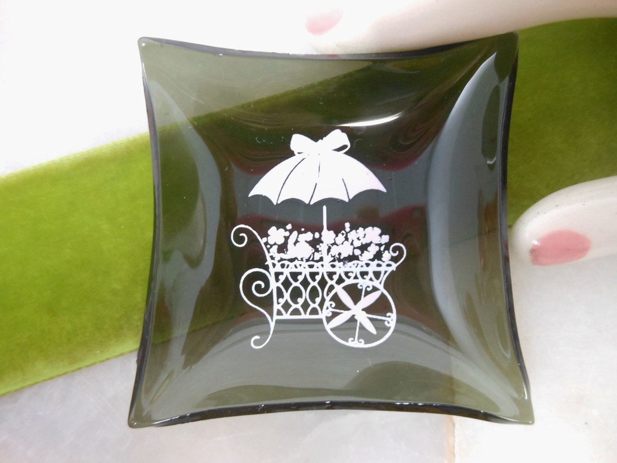 Vintage HOUZE Glass Ring Dish Tray Feminine Delicate Flower Wagon Basket Retro Graphic Mid Century, VivianJoel.com