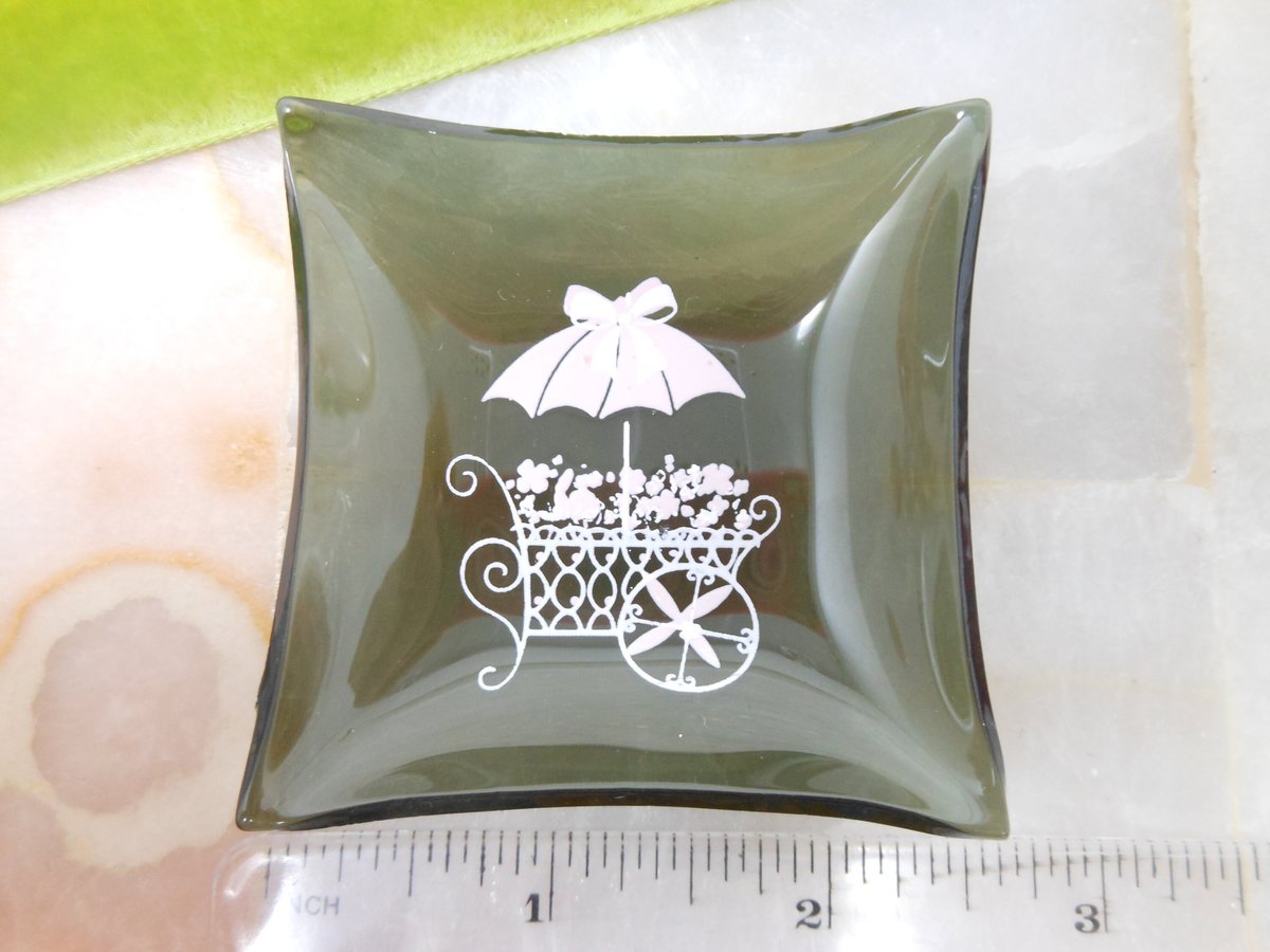 Vintage HOUZE Glass Ring Dish Tray Feminine Delicate Flower Wagon Basket Retro Graphic Mid Century, VivianJoel.com