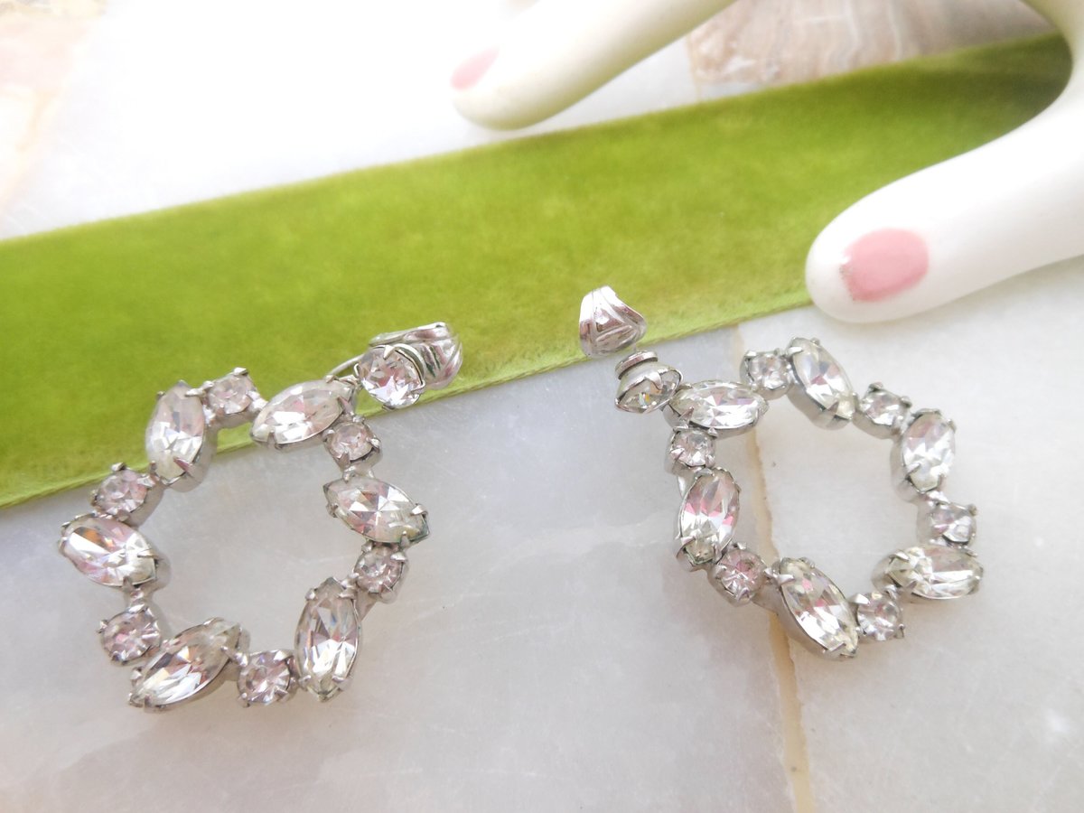 Vintage Rhinestone Earrings Dangle Drop Clip On Crystal Wedding Clear Ice Jewelry Gift Mid Century, VivianJoel.com
