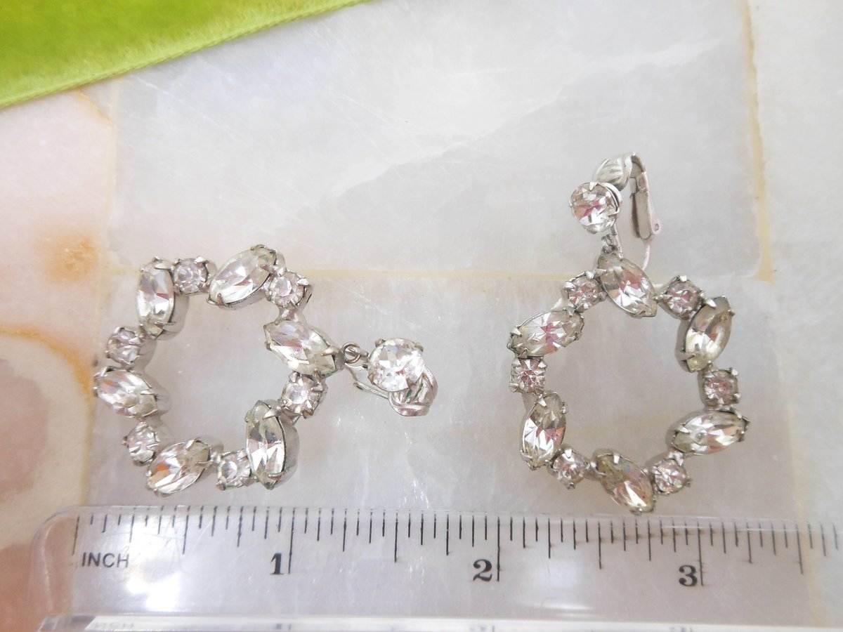 Vintage Rhinestone Earrings Dangle Drop Clip On Crystal Wedding Clear Ice Jewelry Gift Mid Century, VivianJoel.com