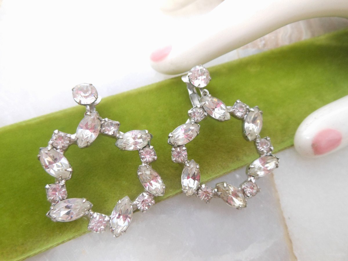 Vintage Rhinestone Earrings Dangle Drop Clip On Crystal Wedding Clear Ice Jewelry Gift Mid Century, VivianJoel.com