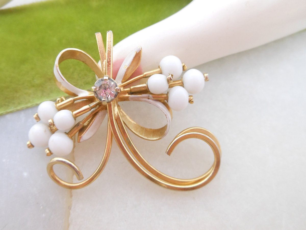 Vintage AUSTRIA Brooch Flower Bow Milk Glass Crystal Rhinestone Pin White Wedding Designer Jewelry Gift Mid Century, VivianJoel.com