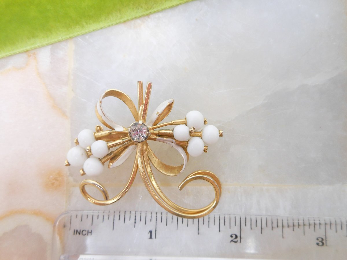 Vintage AUSTRIA Brooch Flower Bow Milk Glass Crystal Rhinestone Pin White Wedding Designer Jewelry Gift Mid Century, VivianJoel.com