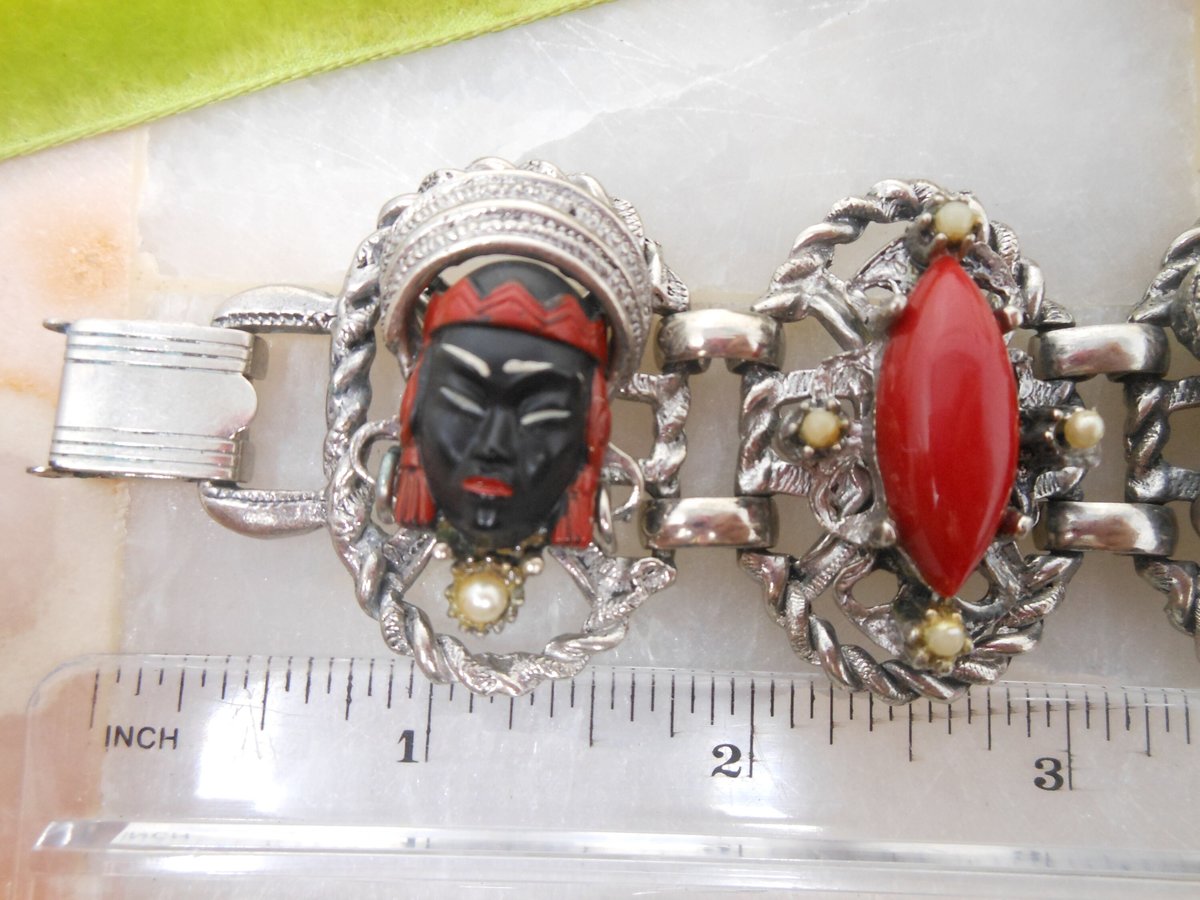 Vintage SELRO SELINI Chunky Bracelet African Princess Mask Face Red Lucite Pearl Brutalist Designer Mid Century Jewelry Gift, VivianJoel.com
