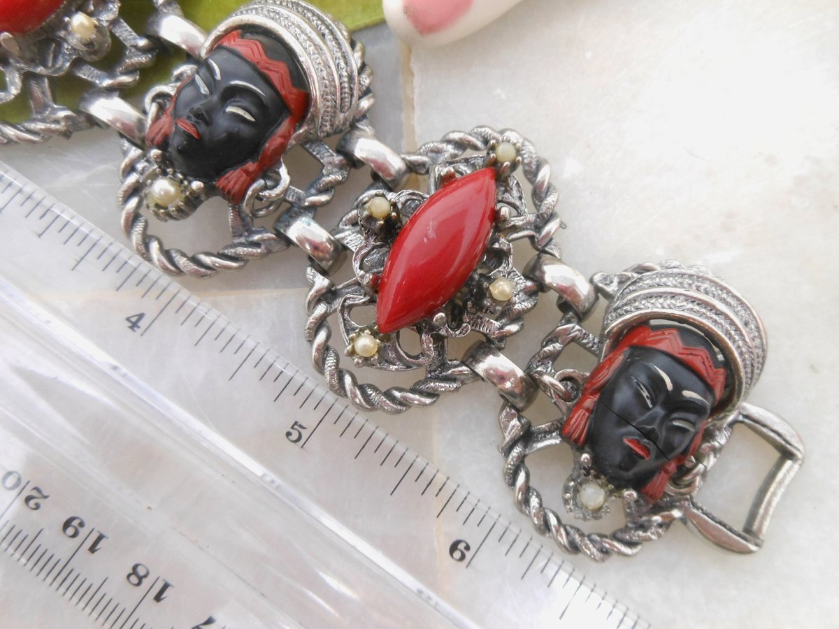 Vintage SELRO SELINI Chunky Bracelet African Princess Mask Face Red Lucite Pearl Brutalist Designer Mid Century Jewelry Gift, VivianJoel.com