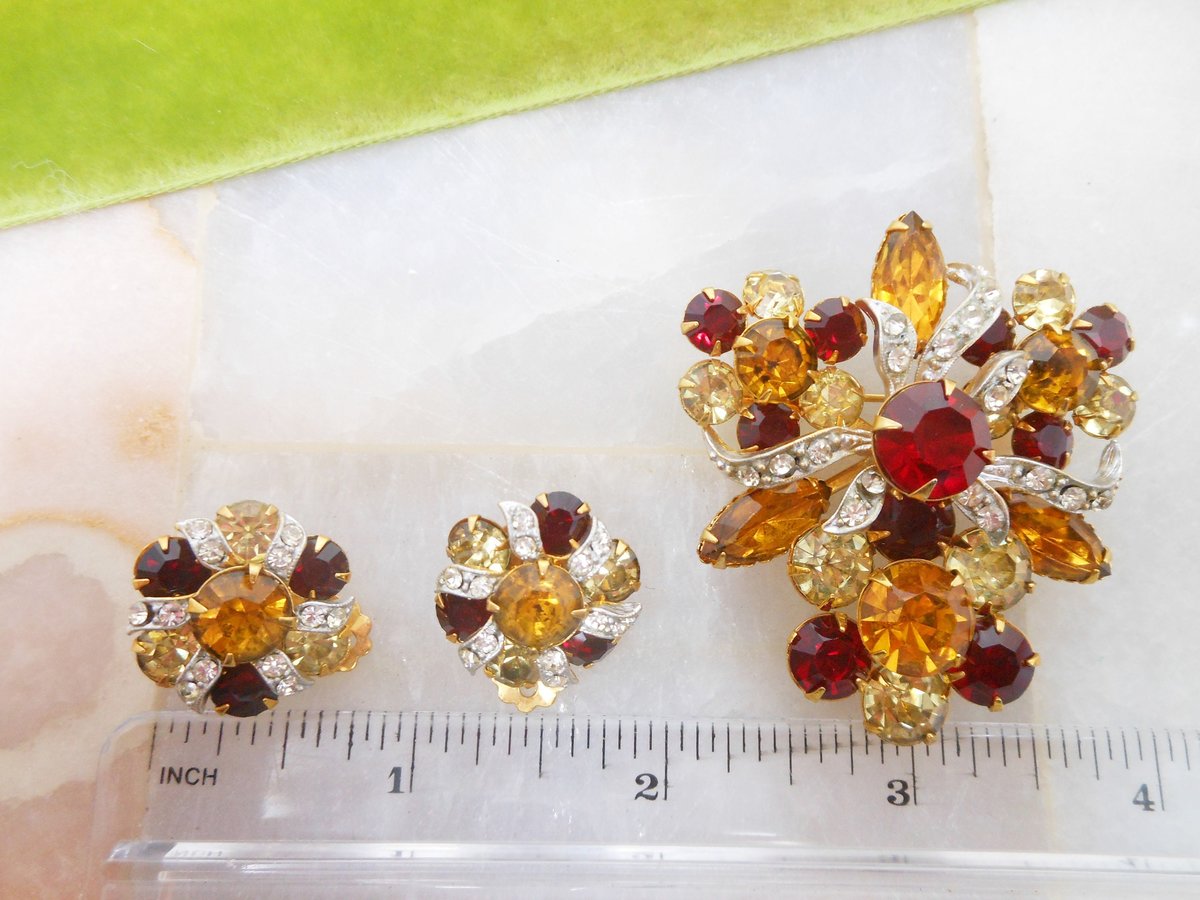 Vintage Rhinestone Brooch Earrings Set Starburst Flower Pin Red Crystal Mid Century Jewelry Gift, VivianJoel.com