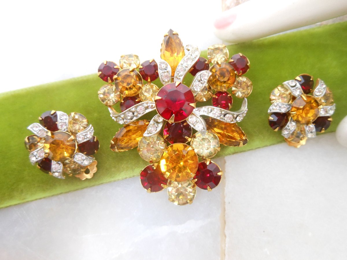 Vintage Rhinestone Brooch Earrings Set Starburst Flower Pin Red Crystal Mid Century Jewelry Gift, VivianJoel.com