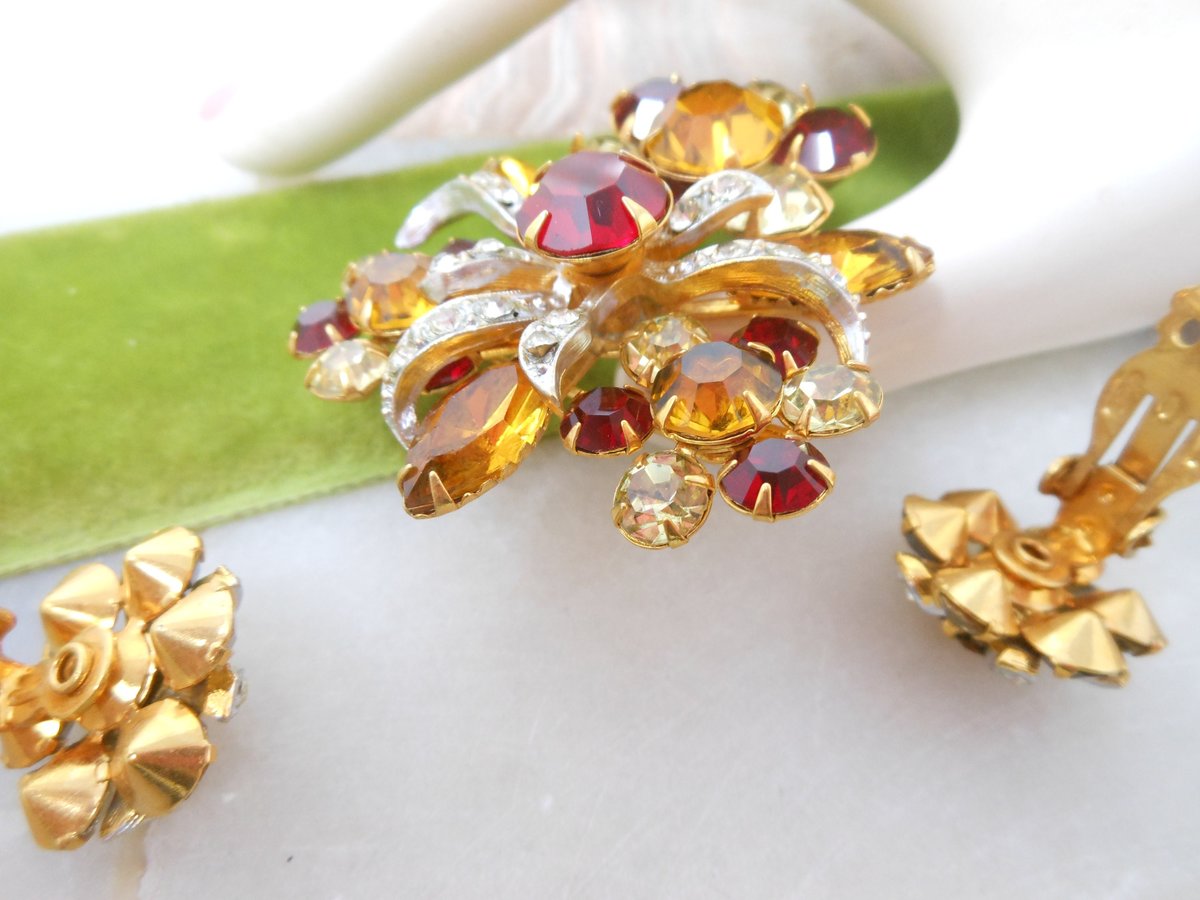 Vintage Rhinestone Brooch Earrings Set Starburst Flower Pin Red Crystal Mid Century Jewelry Gift, VivianJoel.com