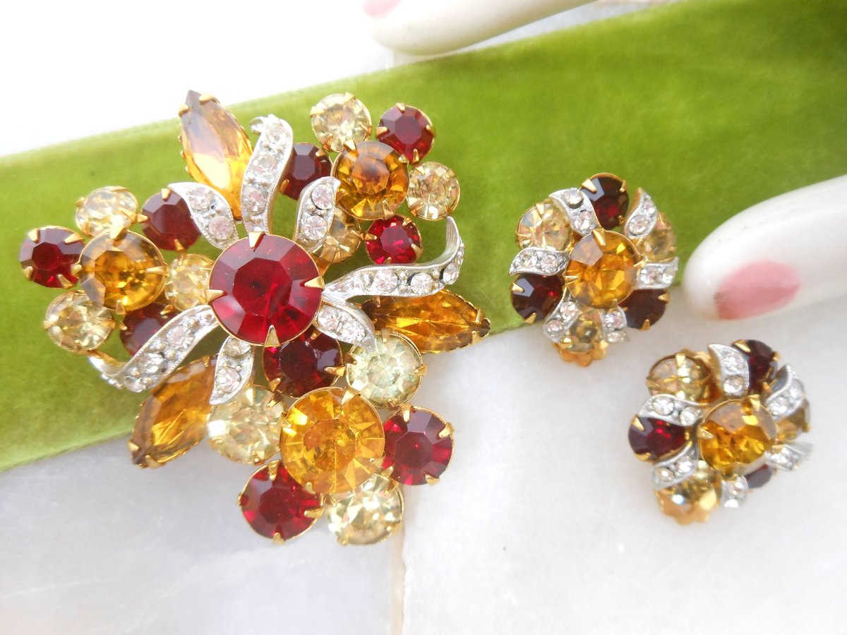 Vintage Rhinestone Brooch Earrings Set Starburst Flower Pin Red Crystal Mid Century Jewelry Gift, VivianJoel.com