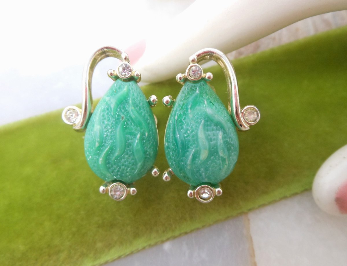 Vintage KRAMER Earrings Clip On Green Lucite Rhinestone Designer Jewelry Gift Mid Century, VivianJoel.com