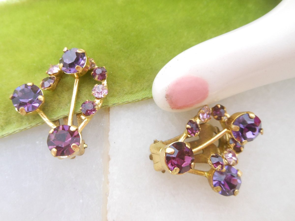 Vintage AUSTRIA Earrings Clip On Amethyst Purple Pink Crystal Rhinestone Flower Jewelry Gift Mid Century, VivianJoel.com