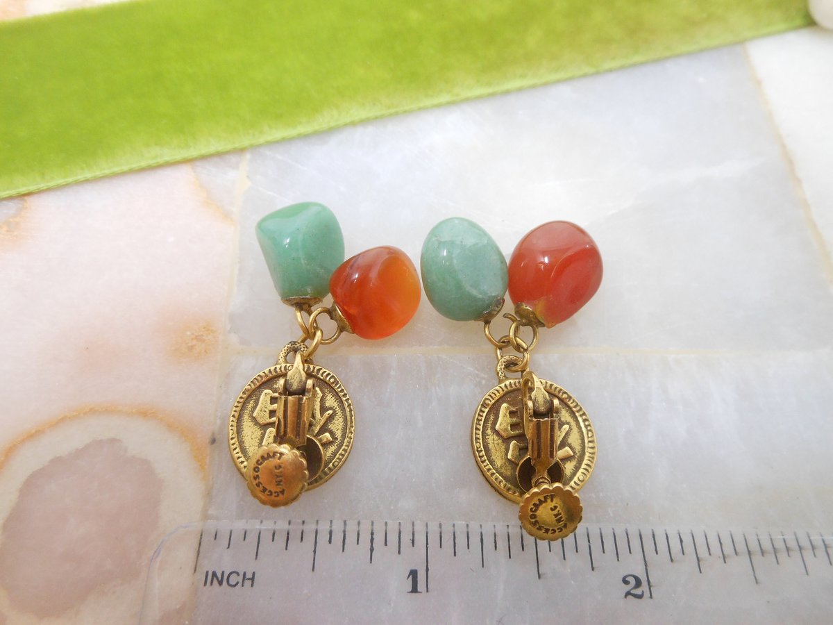 Vintage ACCESSOCRAFT NYC Jade Earrings Dangle Drop Carnelian Jade Stone Designer Jewelry Mid Century, VivianJoel.com