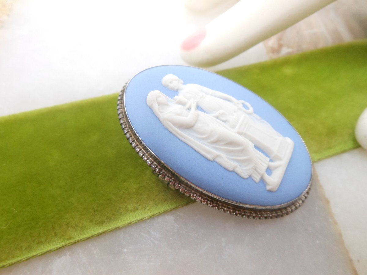 Vintage WEDGEWOOD England Brooch Solver Cameo Pin Jasperware JW Blue Designer Mid Century Jewelry Gift,  VivianJoel.com