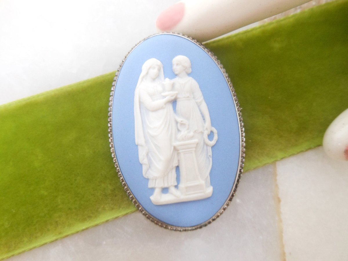 Vintage WEDGEWOOD England Brooch Solver Cameo Pin Jasperware JW Blue Designer Mid Century Jewelry Gift,  VivianJoel.com