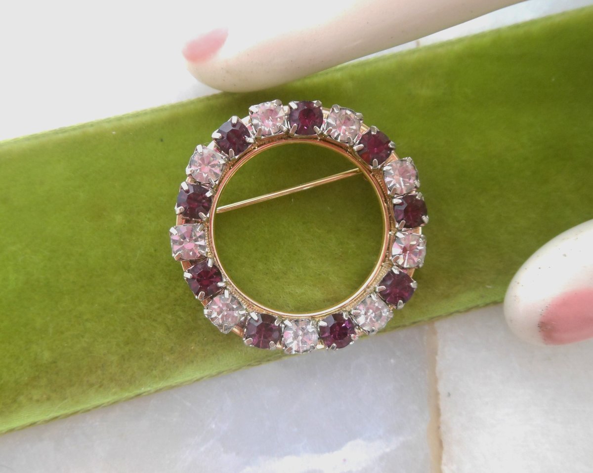 Vintage Amethyst Brooch Rhinestone Wreath Pin Crystal Purple Circle Mid Century February Jewelry Gift, VivianJoel.com