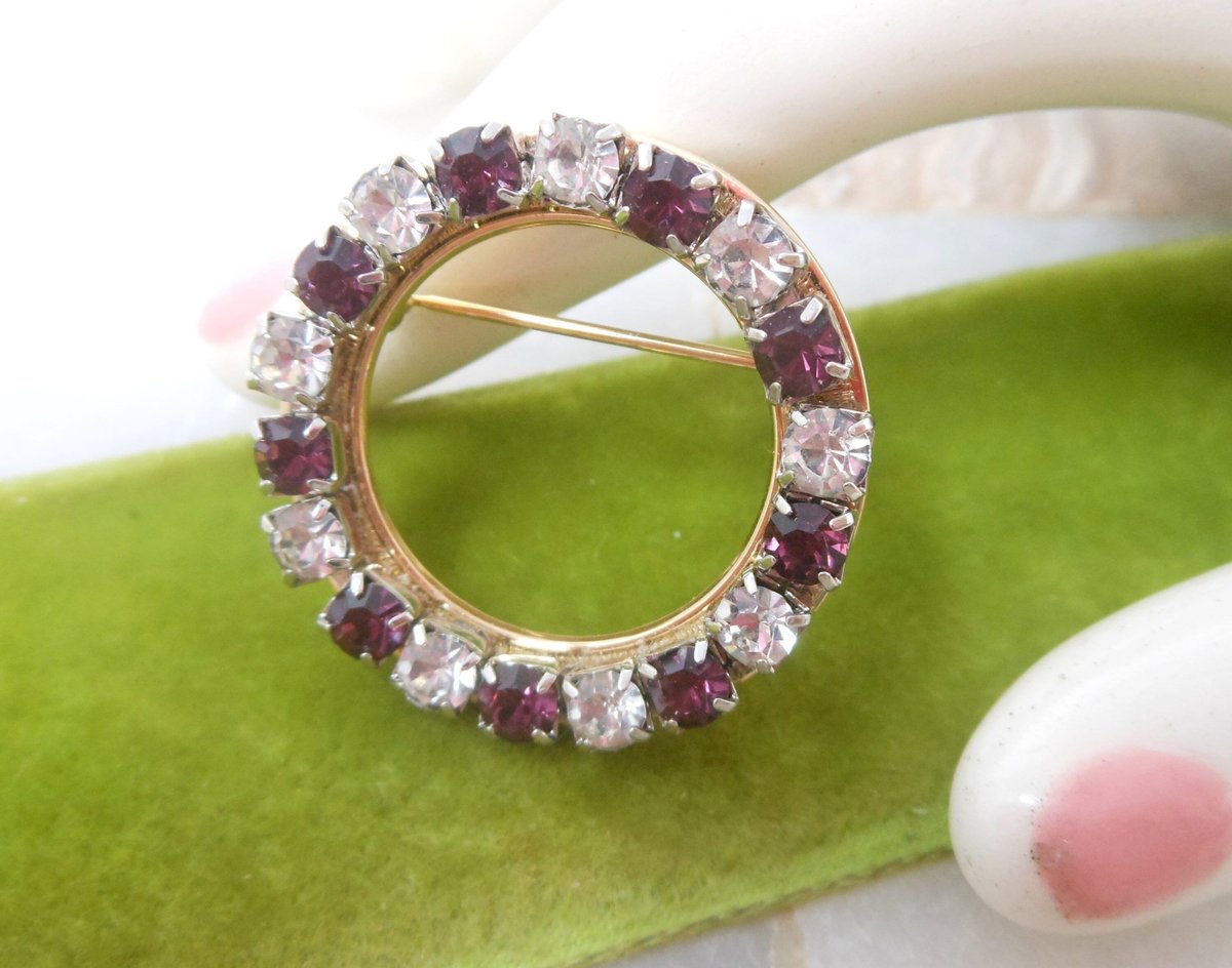Vintage Amethyst Brooch Rhinestone Wreath Pin Crystal Purple Circle Mid Century February Jewelry Gift, VivianJoel.com