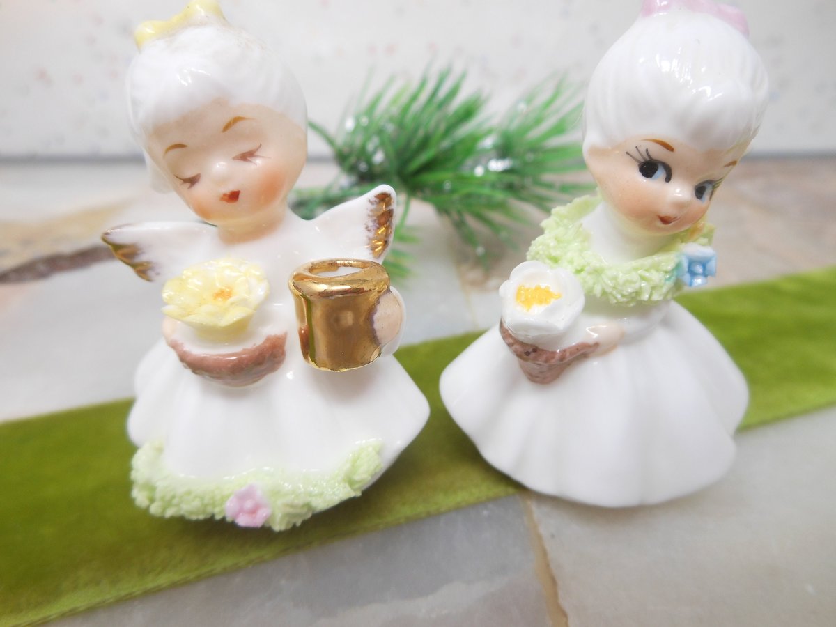Vintage NAPCO Ware Miniature Angel Girl Spaghetti Flower Bone China Taiwan LOT 2 Gift, VivianJoel.com
