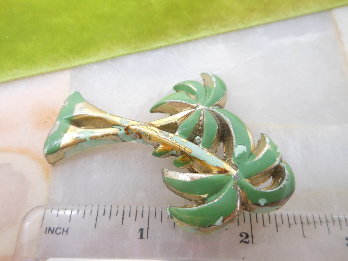 Vintage Palm Tree Pin Enamel Paint Celluloid Brooch Old Plastic Tropical Tiki Mid Century Jewelry Gift, VivianJoel.com