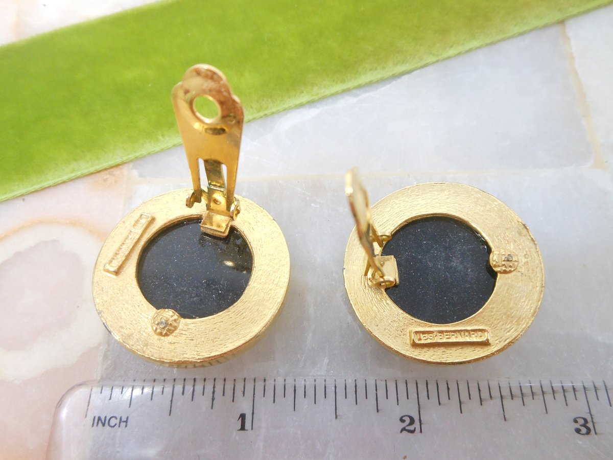 Vintage LES BERNARD Earrings Clip On Chunky Statement Runway Black Rhinestone Designer Jewelry Mid Century, VivianJoel.com