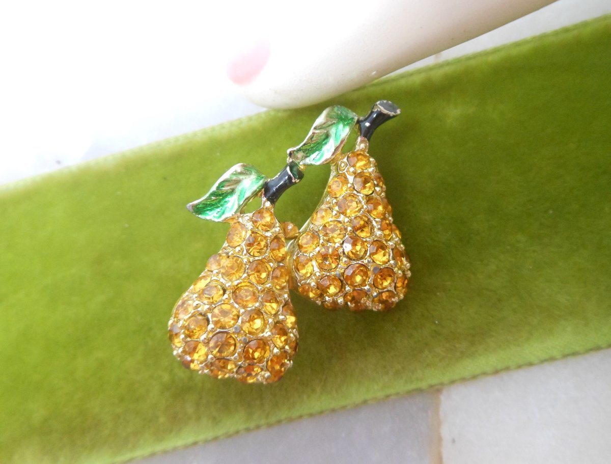 Vintage Pear Fruit Brooch Rhinestone Pin Enamel Flower Figural Tropical Rockabilly Jewelry Mid Century Gift, VivianJoel.com