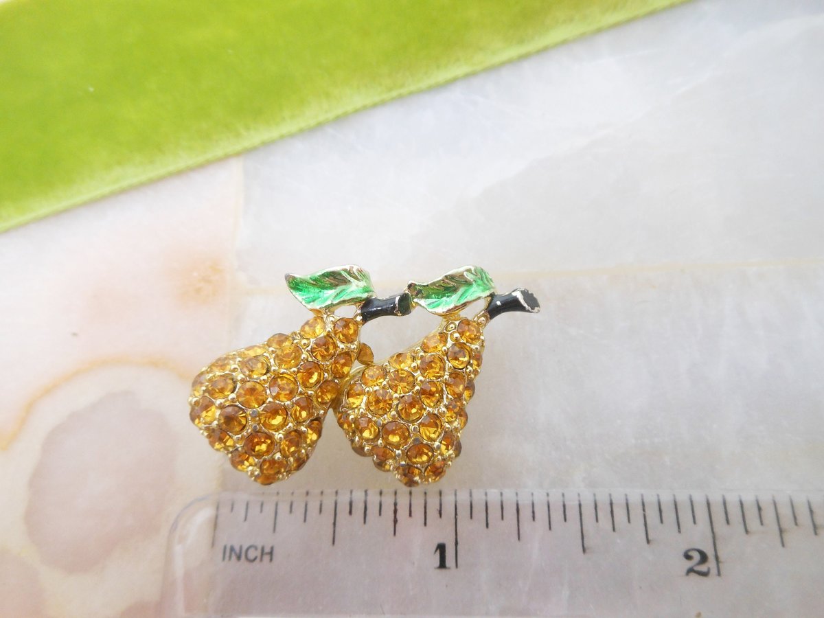 Vintage Pear Fruit Brooch Rhinestone Pin Enamel Flower Figural Tropical Rockabilly Jewelry Mid Century Gift, VivianJoel.com