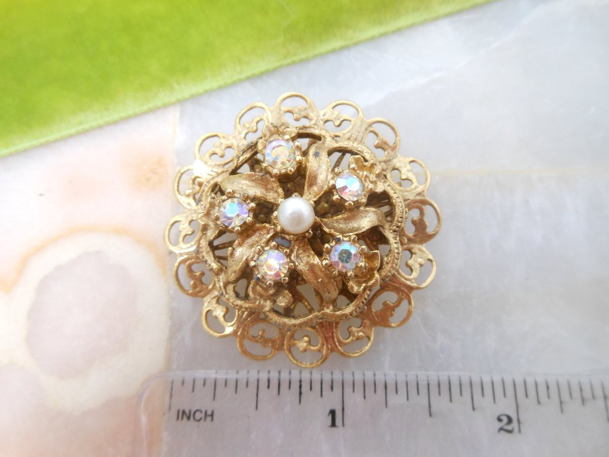 Vintage Aurora Borealis Brooch Rhinestone Pearl Flower Pin Ornate Victorian Renaissance Revival Jewelry Gift Mid Century, VivianJoel.com
