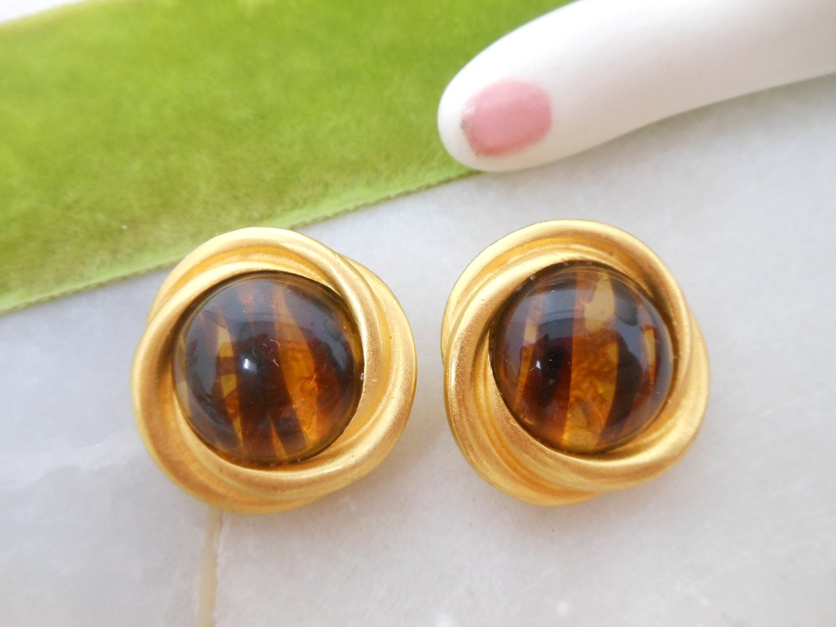 Vintage DONALD STANNARD Earrings Art Glass Clip On Designer Matte Gold Plate Faux Tortoise Runway Mid Century Jewelry Gift, VivianJoel.com