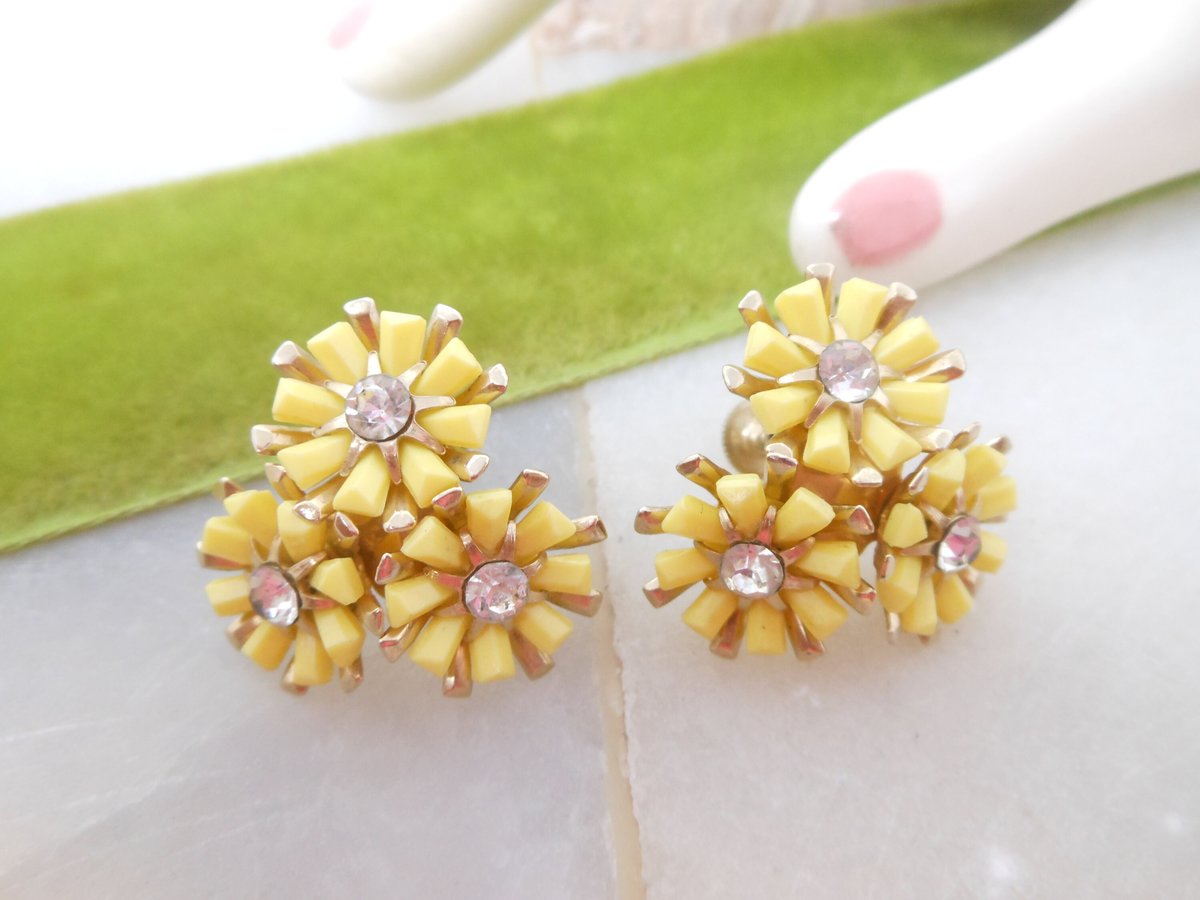 Vintage CORO Earrings Yellow Flower Rhinestone Screw Back Cluster Plastic Designer Mid Century Jewelry Gift,  VivianJoel.com