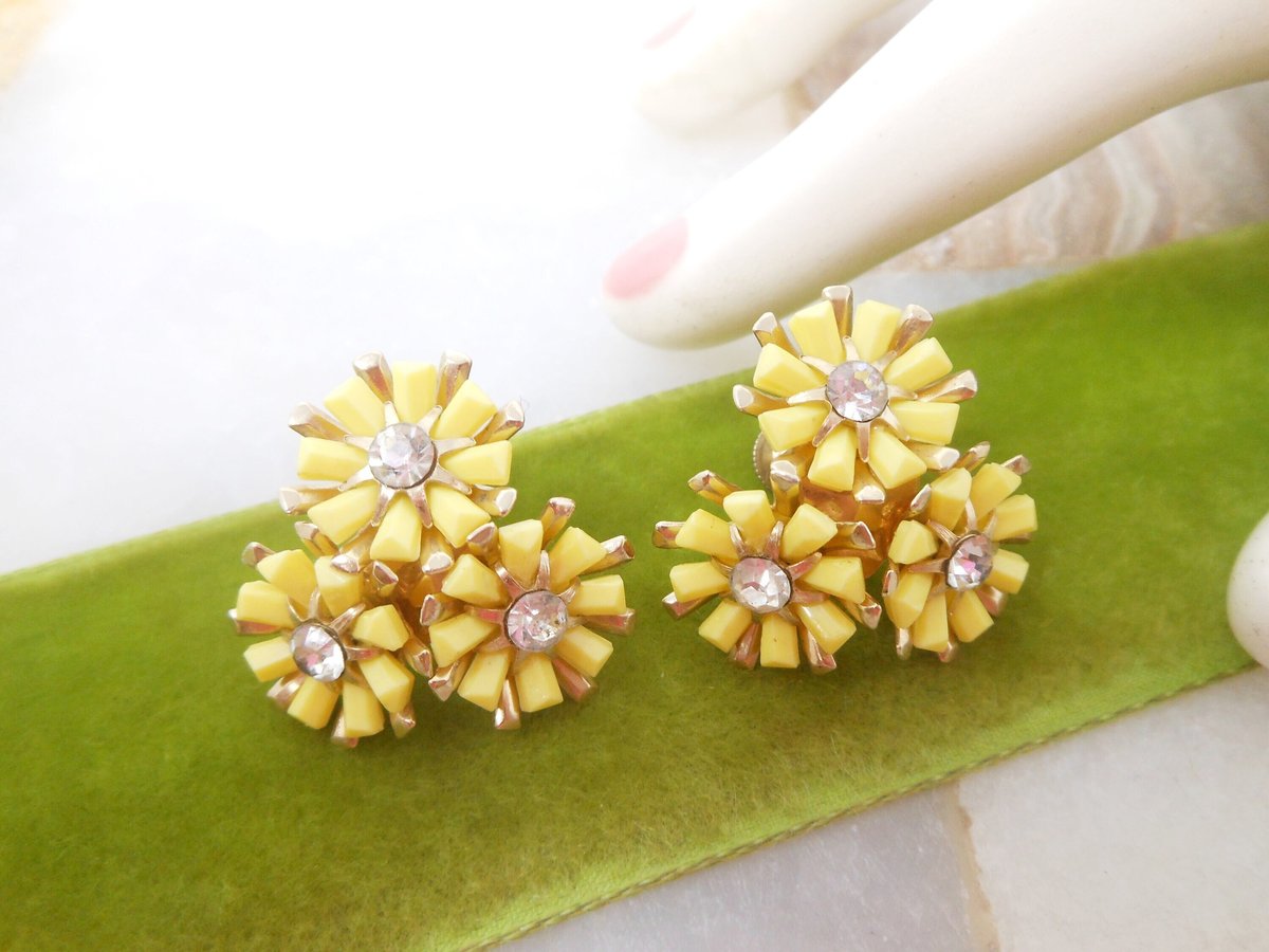 Vintage CORO Earrings Yellow Flower Rhinestone Screw Back Cluster Plastic Designer Mid Century Jewelry Gift,  VivianJoel.com